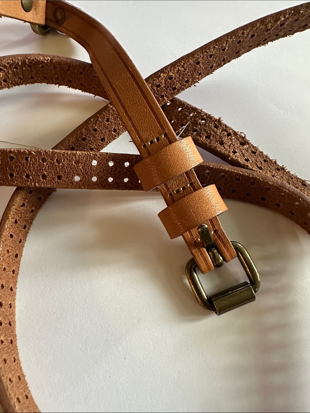 LOFT Perforated Tan Leather Women's Belt with Brass Buckle
